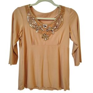 Vintage Y2K Gold‎ Sequin Embellished Top 3/4 Sleeve Dressy Blouse Unique Design